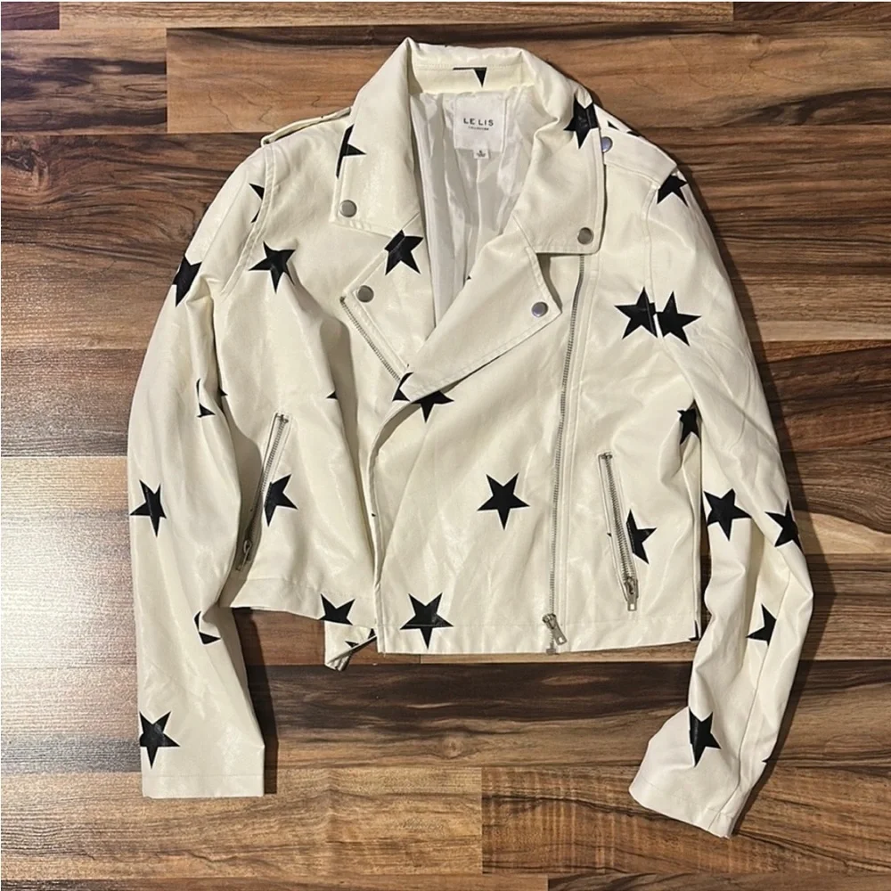 NWOT - Le Lis - Faux Leather Star Pattern White Biker Style Jacket - Picture 6 of 7